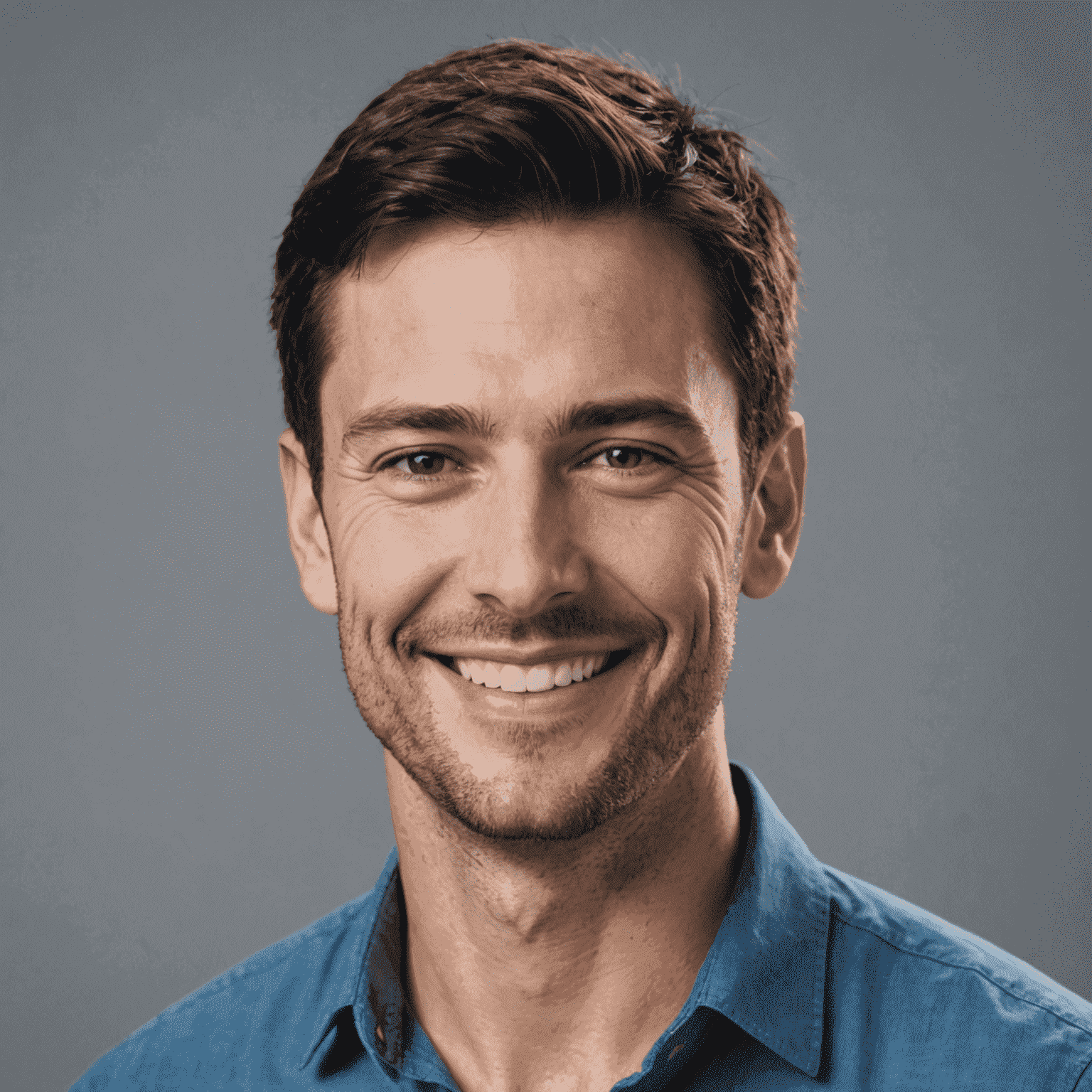 Portrait of a smiling man in his 30s with short dark hair, wearing a blue shirt