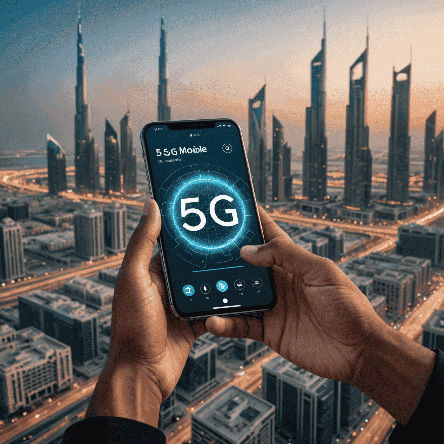 An image showcasing the fast speed of 5G mobile internet in the UAE, with a person using a smartphone against a cityscape background