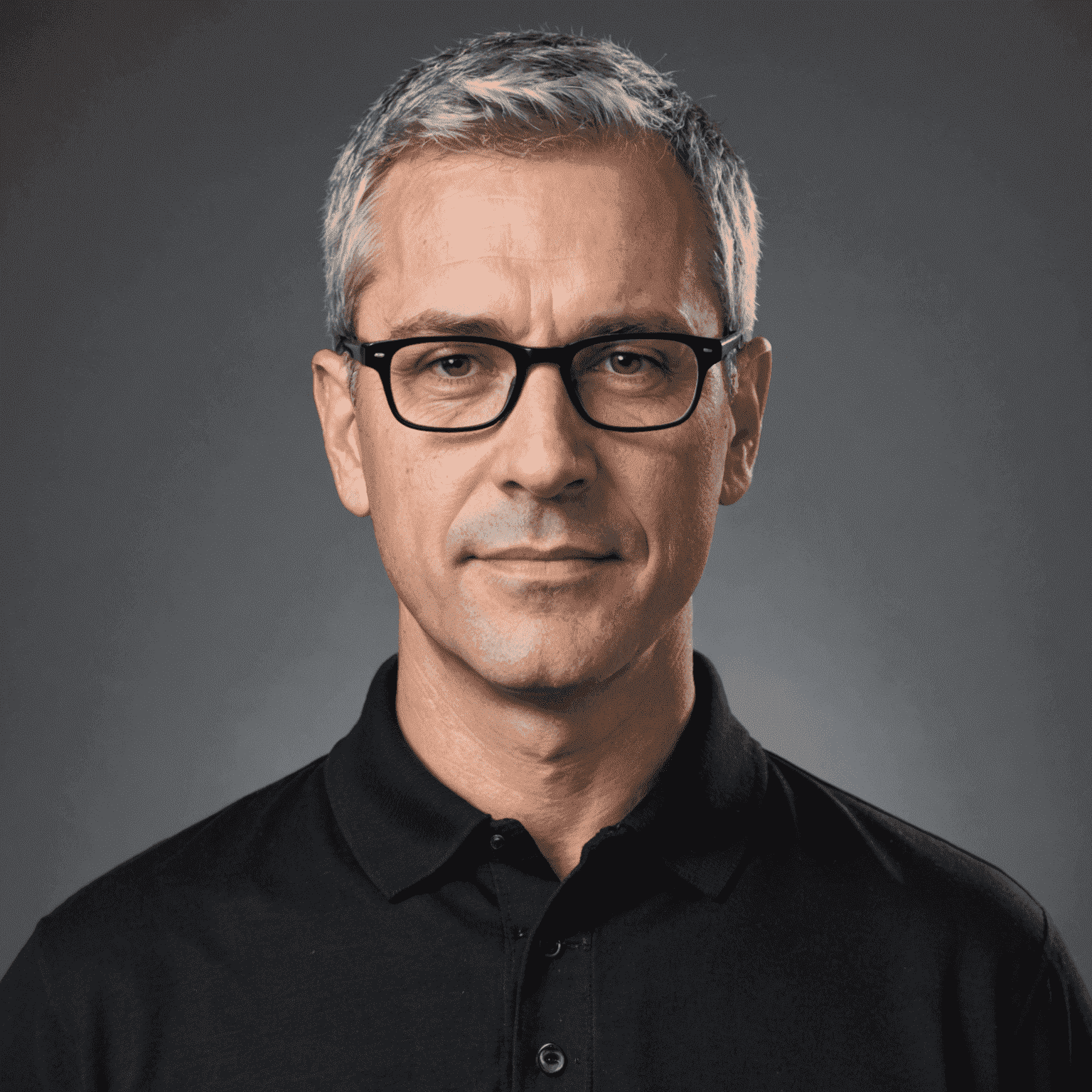 Portrait of a man in his 40s with short grey hair and glasses, wearing a black polo shirt