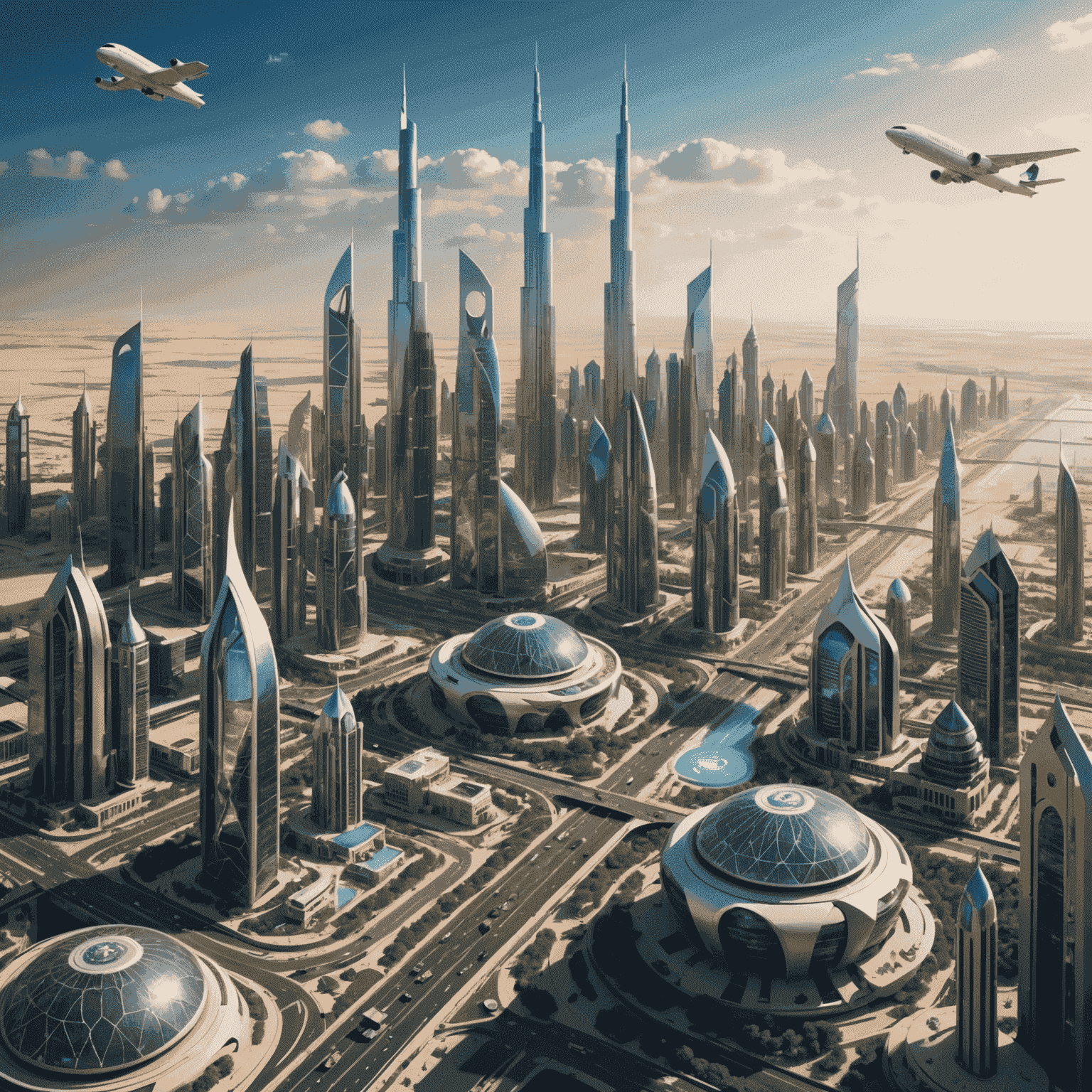 A futuristic cityscape of the United Arab Emirates, with various icons representing emerging technologies such as IoT, smart cities, and AI.