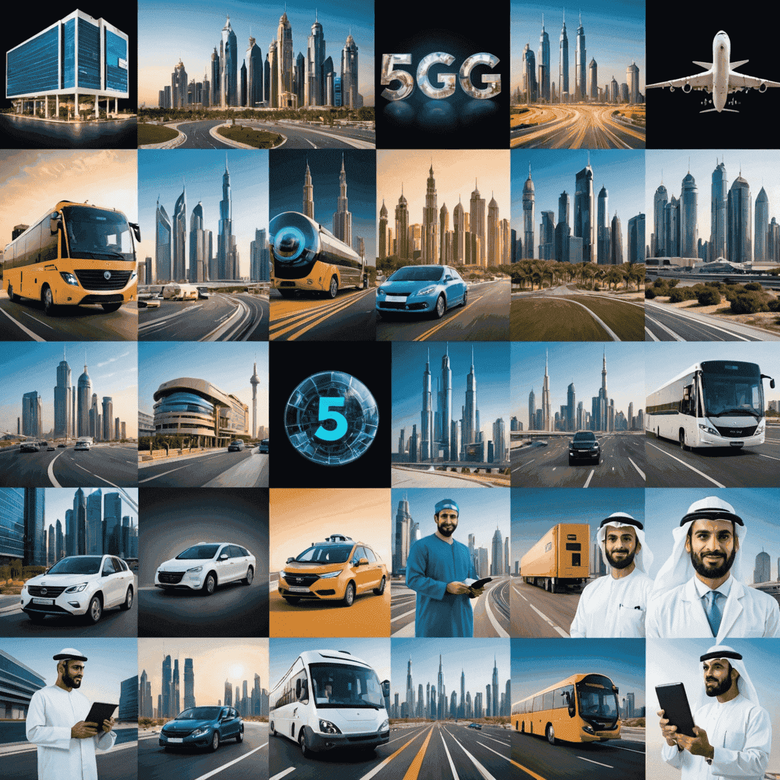 A collage of images representing various industries in the UAE, such as healthcare, education, and transportation, being transformed by 5G technology.